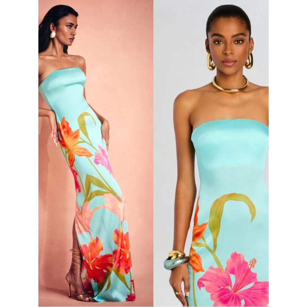 RETROFETE Vivi Strapless Floral Satin Blue Maxi Dress Size XS - Picture 2 of 10